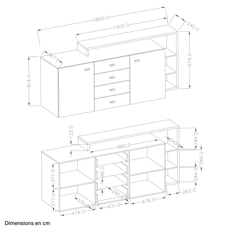 Buffet 2 portes 4 tiroirs Ilyes Bois et Gris