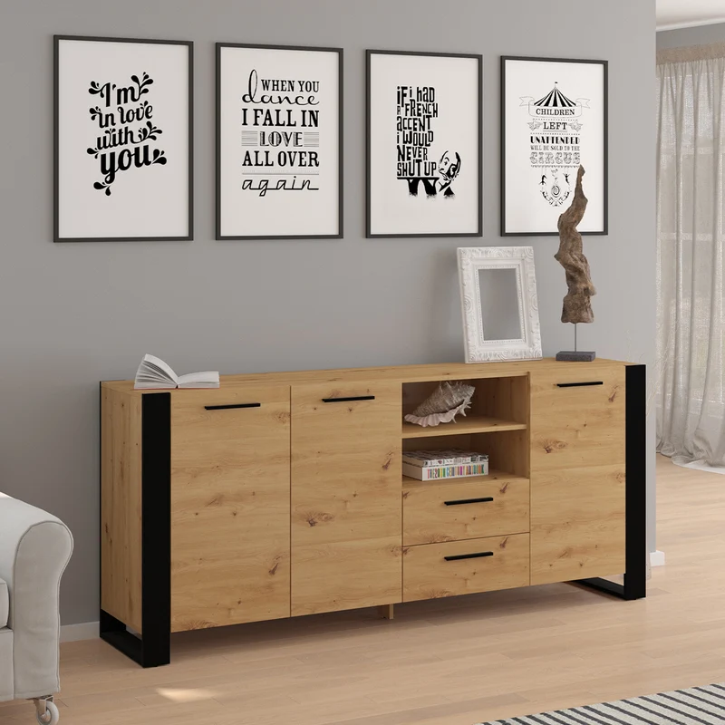 Buffet long 3 portes 2 tiroirs Nouka Bois et Noir