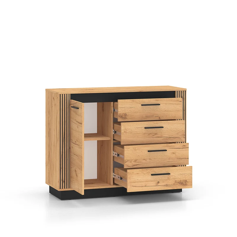 Buffet 1 porte 4 tiroirs Solal Bois et Noir