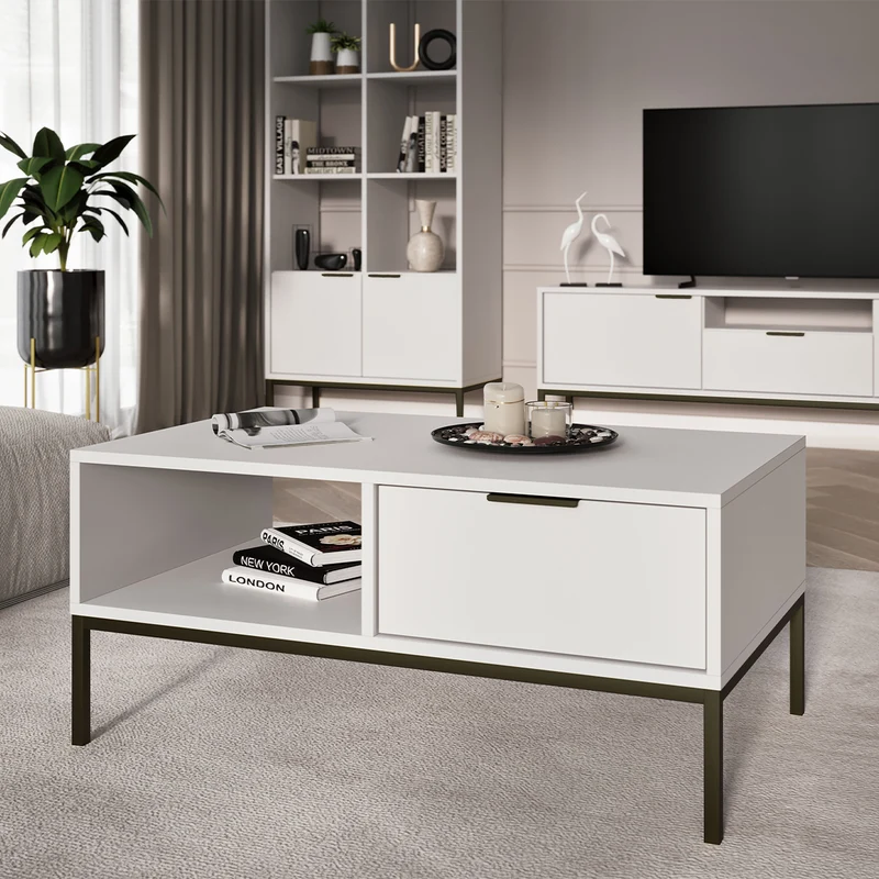 Table basse 80 cm Seattle Blanc Pieds noirs
