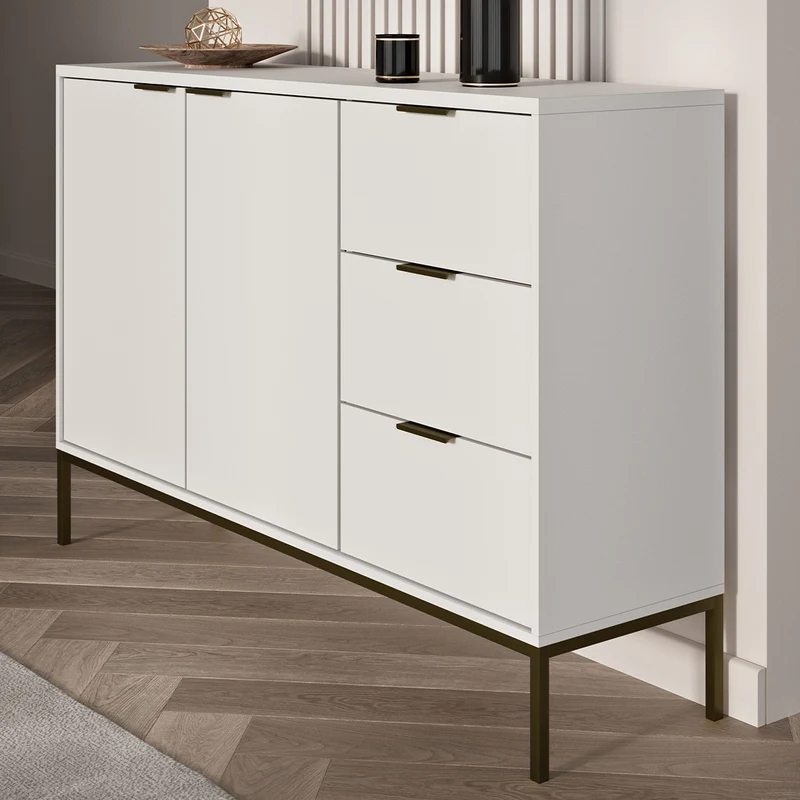 Buffet 2 portes 3 tiroirs Seattle Blanc Pieds noirs
