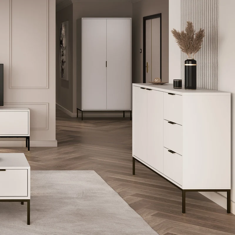 Buffet 2 portes 3 tiroirs Seattle Blanc Pieds noirs