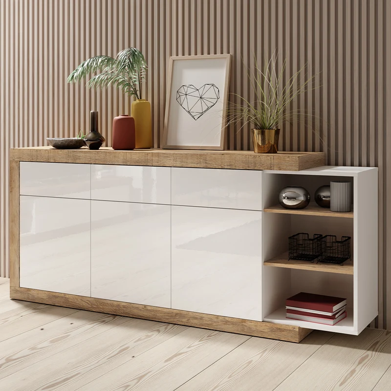 Buffet 3 portes 3 tiroirs Azior Blanc et Bois