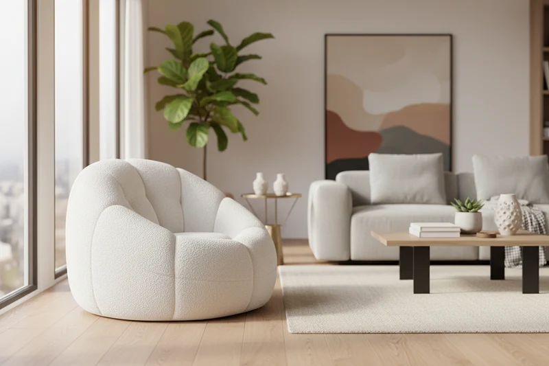 Fauteuil bouclette blanc avec pouf - Cozya