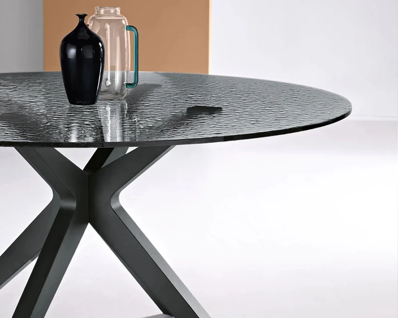 Table ronde pied croix en verre fumé - Fevy