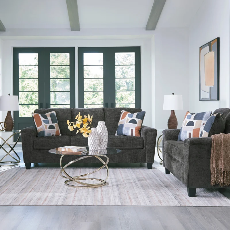 Sofa en tissu noir avec coussins - Erinslane