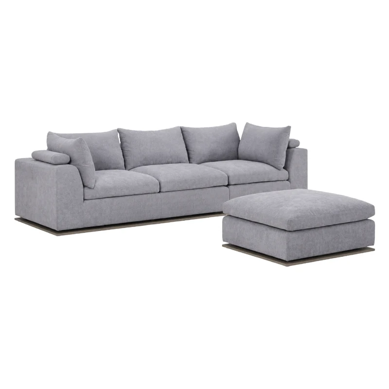 Sectionnel modulaire 3 pièces en tissu gris et base en bois avec ottoman - Nature