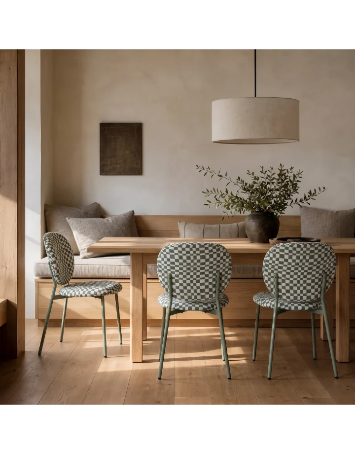 Chaise repas tissu vert amande et blanc