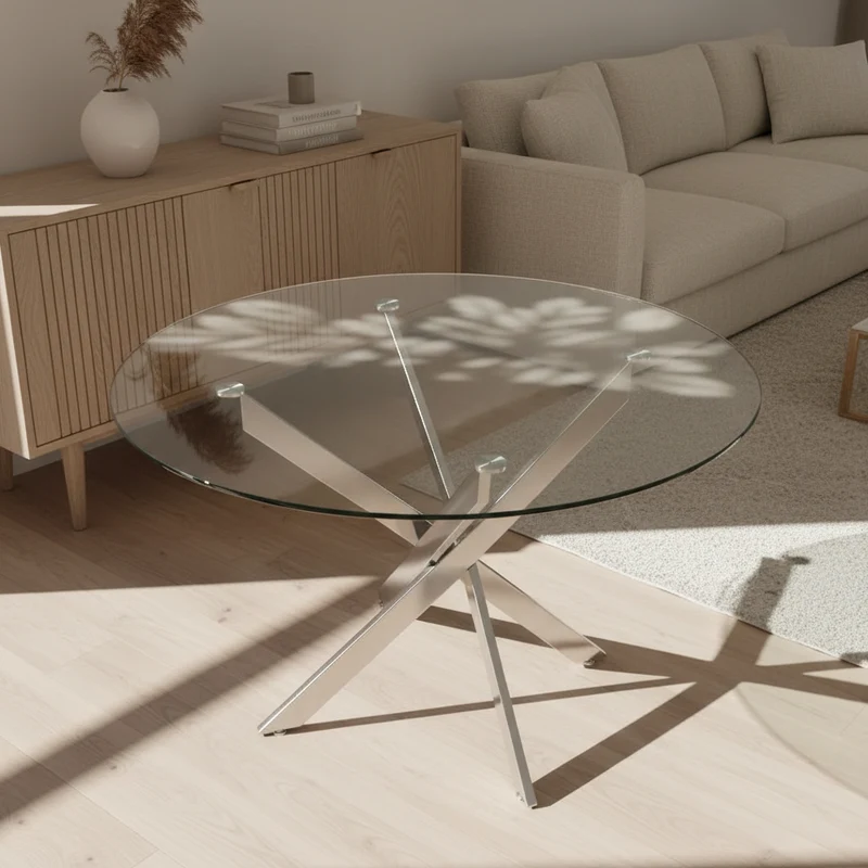 Table à manger ronde en verre pieds métal - Lassy