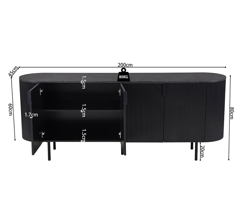 Buffet bas 4 portes cannelé noir - Lagosy
