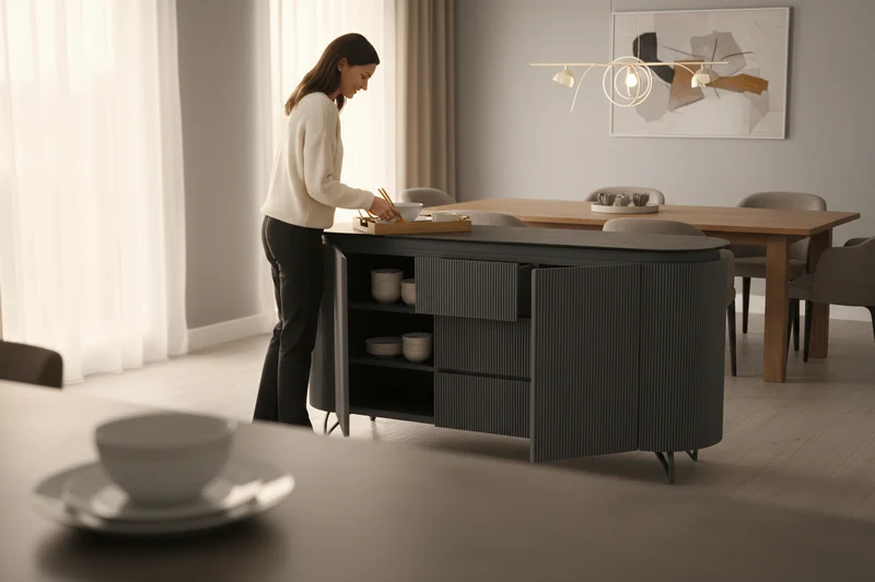 Buffet bas gris laque pieds métal - Columbus