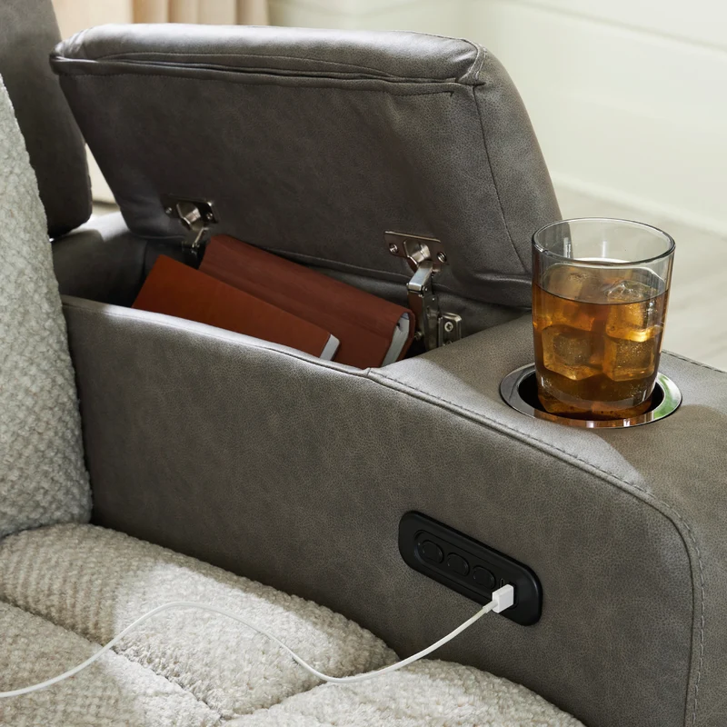 Causeuse inclinable motorisée en tissu/aspect cuir gris avec console, lombaire chauffant et massant - Branthorpe