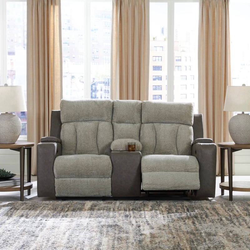 Causeuse inclinable motorisée en tissu/aspect cuir gris avec console, lombaire chauffant et massant - Branthorpe