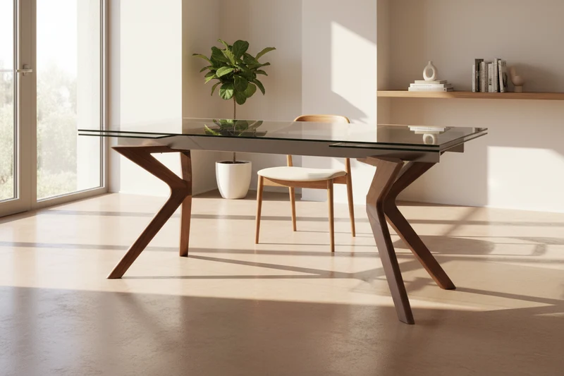 Table à manger en verre extensible pieds noyer – Nelson