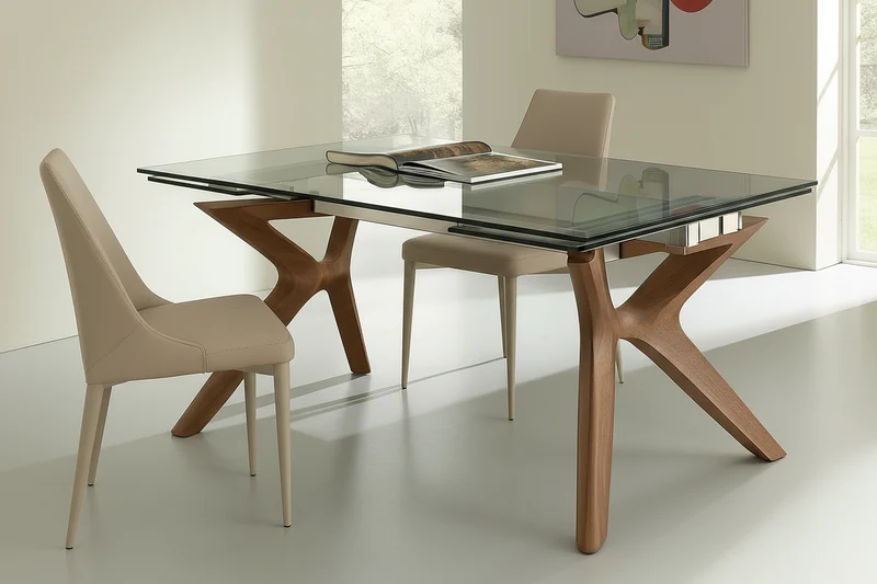 Table à manger en verre extensible pieds noyer – Nelson