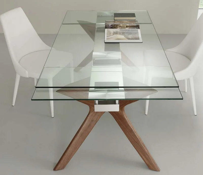Table à manger en verre extensible pieds noyer – Nelson