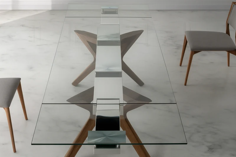 Table à manger en verre extensible pieds noyer – Nelson