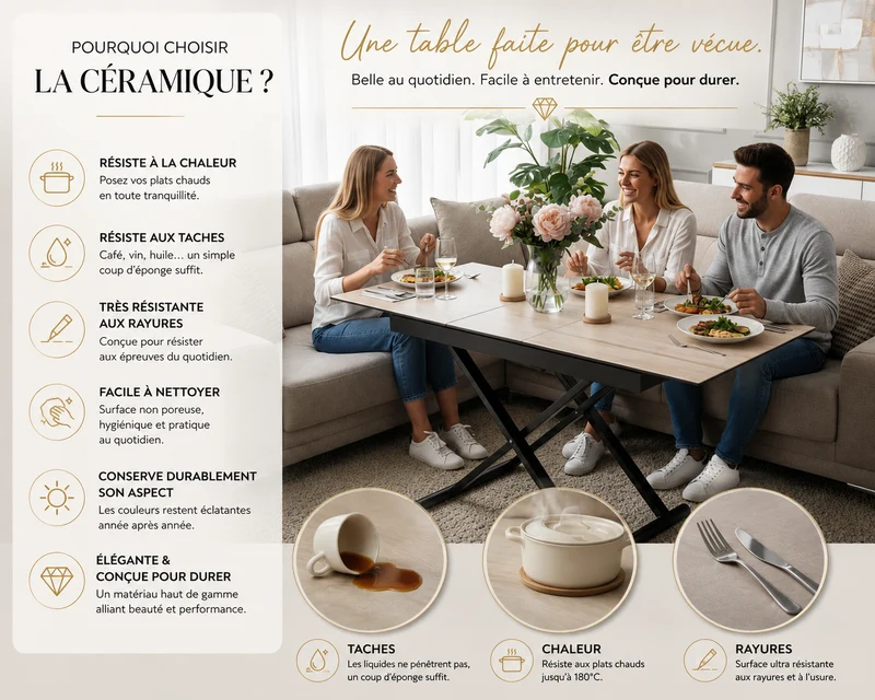 Table basse relevable extensible en céramique – Julia