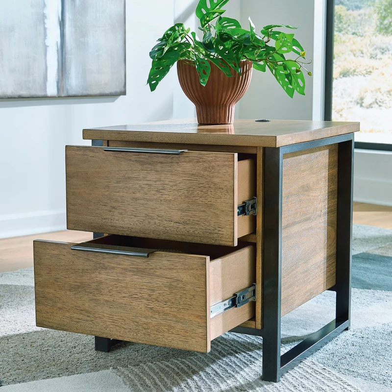Table de bout en placage/MDF brun clair avec 2 tiroirs - Montia