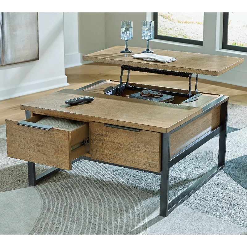 Table basse en placage/MDF brun clair avec plateau relevable - Montia