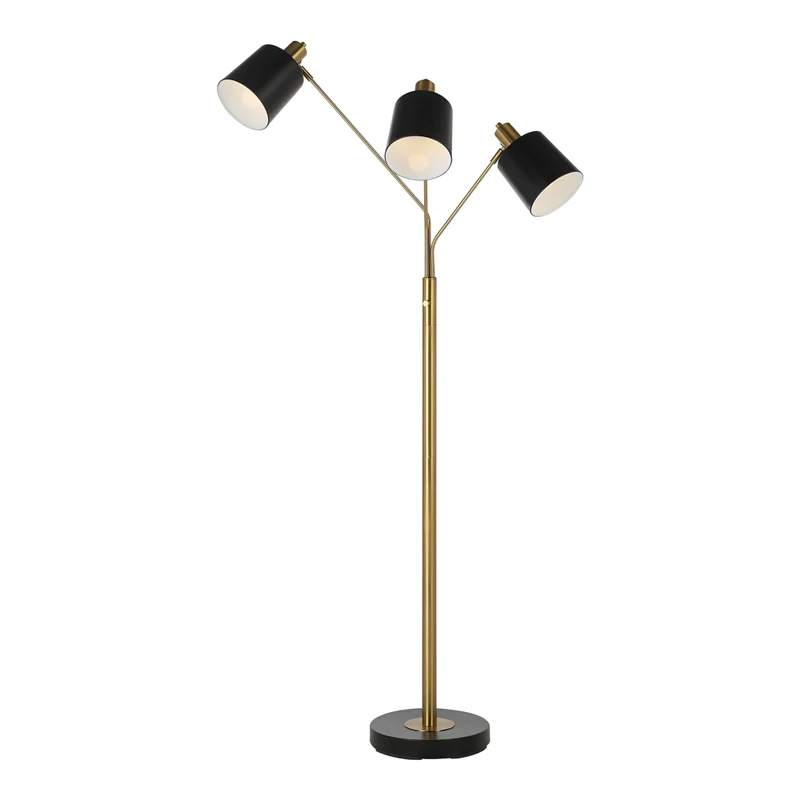 Lampe sur pied à 3 lumières en fer noir mat et laiton plaqué 71 po - Meander