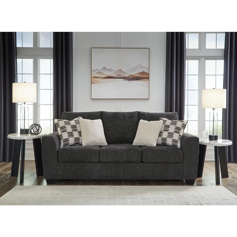 Sofa en tissu noir ébène avec coussins - Loreo