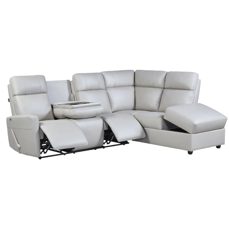 Sectionnel inclinable aspect cuir avec table centrale rabattable & chaise longue - Prague