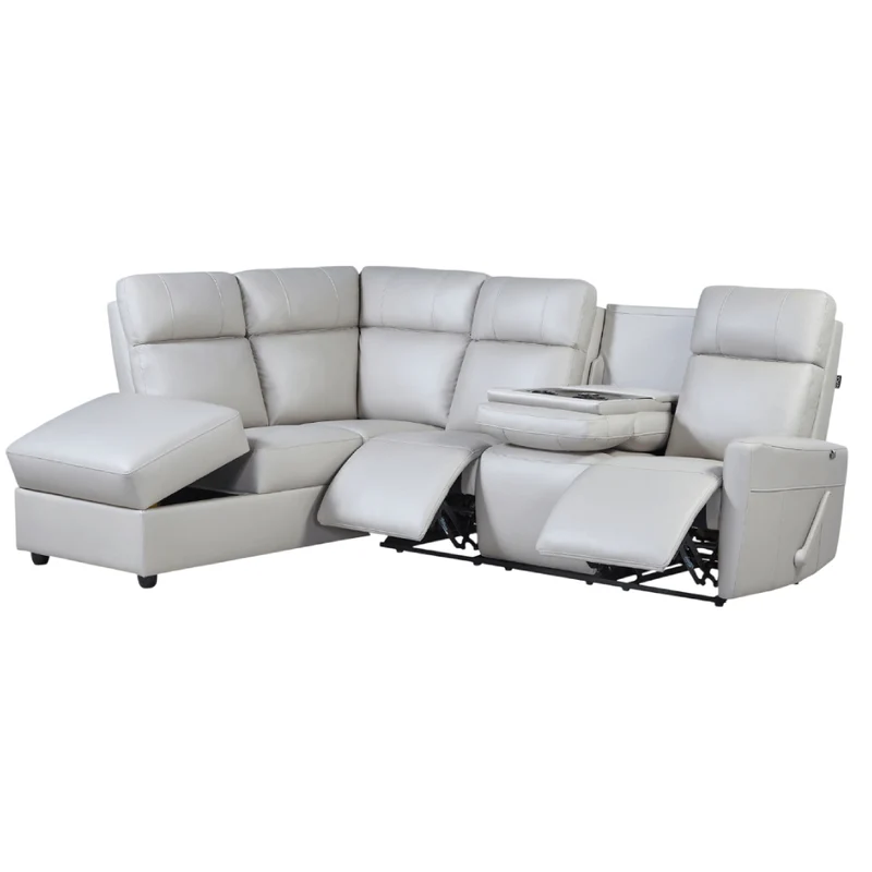 Sectionnel inclinable aspect cuir avec table centrale rabattable & chaise longue - Prague