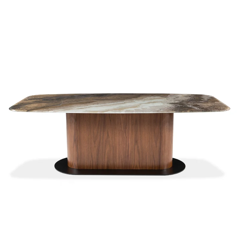 Table de salle à manger rectangulaire avec contour arrondi en verre et en bois - Luciano