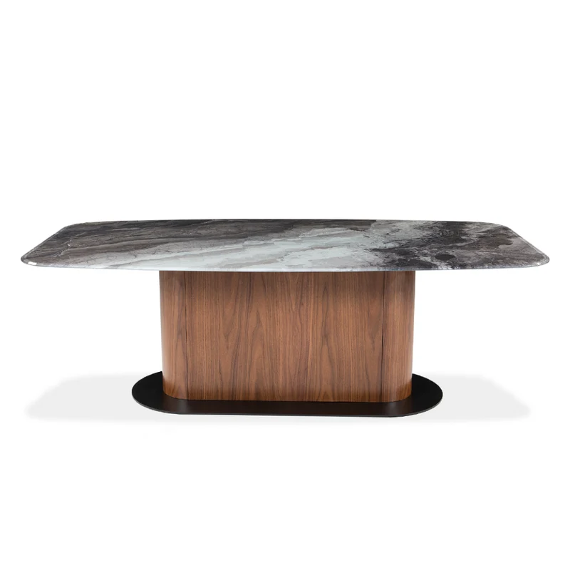 Table de salle à manger rectangulaire avec contour arrondi en verre et en bois - Luciano