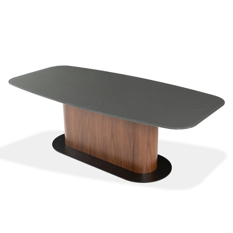 Table de salle à manger rectangulaire avec contour arrondi en verre et en bois - Luciano