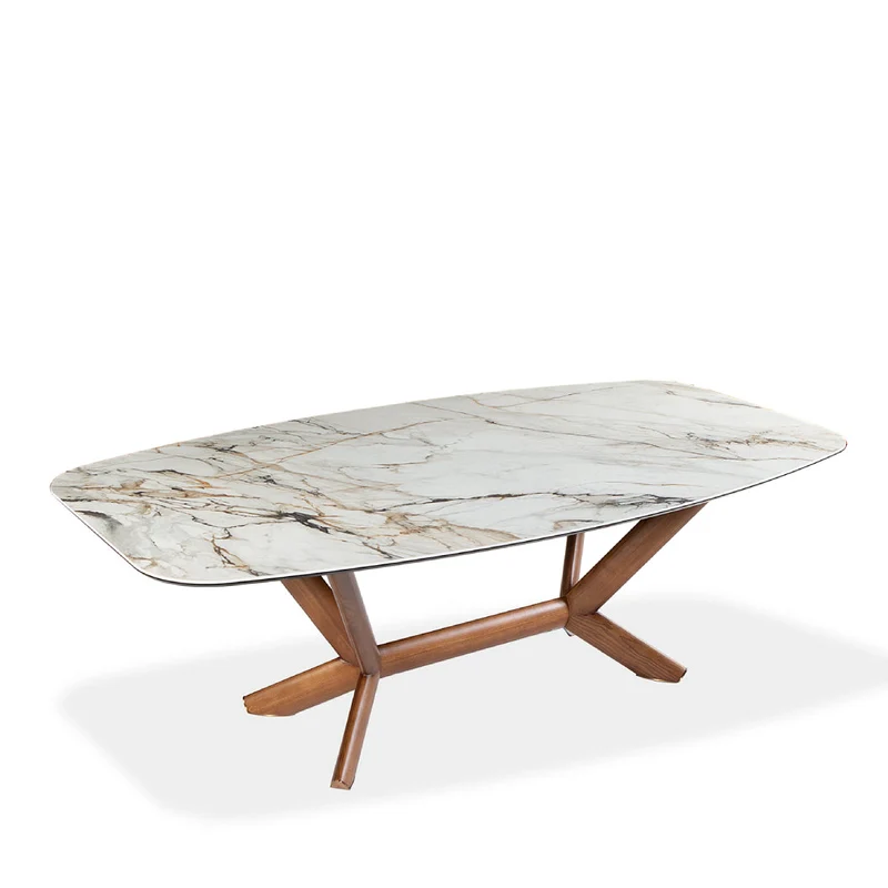 Table de salle à manger rectangulaire avec contour arrondi en céramique et bois noyer - Samuel