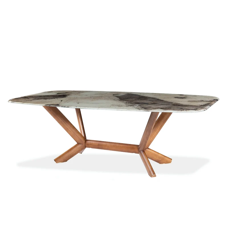 Table de salle à manger rectangulaire avec contour arrondi en verre et bois noyer - Samuel