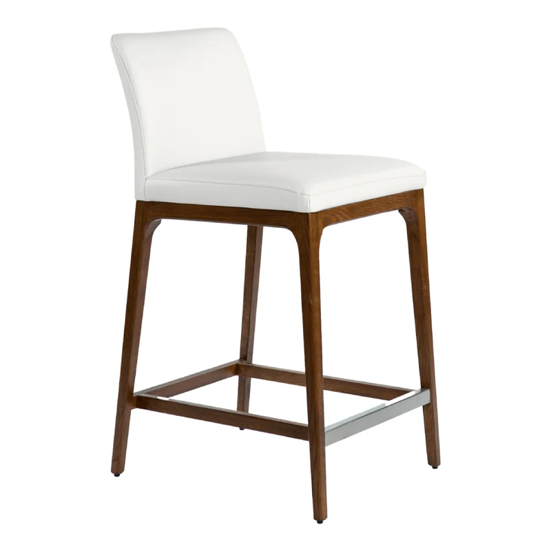 Tabouret de comptoir rembourré en cuir et bois de chêne teinte noyer - Lucia