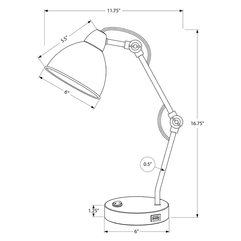 Lampe de table en métal nickel avec port USB intégré 17 po - I 9659