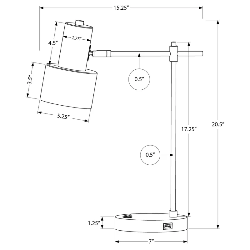 Lampe de table en métal noir avec port USB intégré 21 po - I 9647