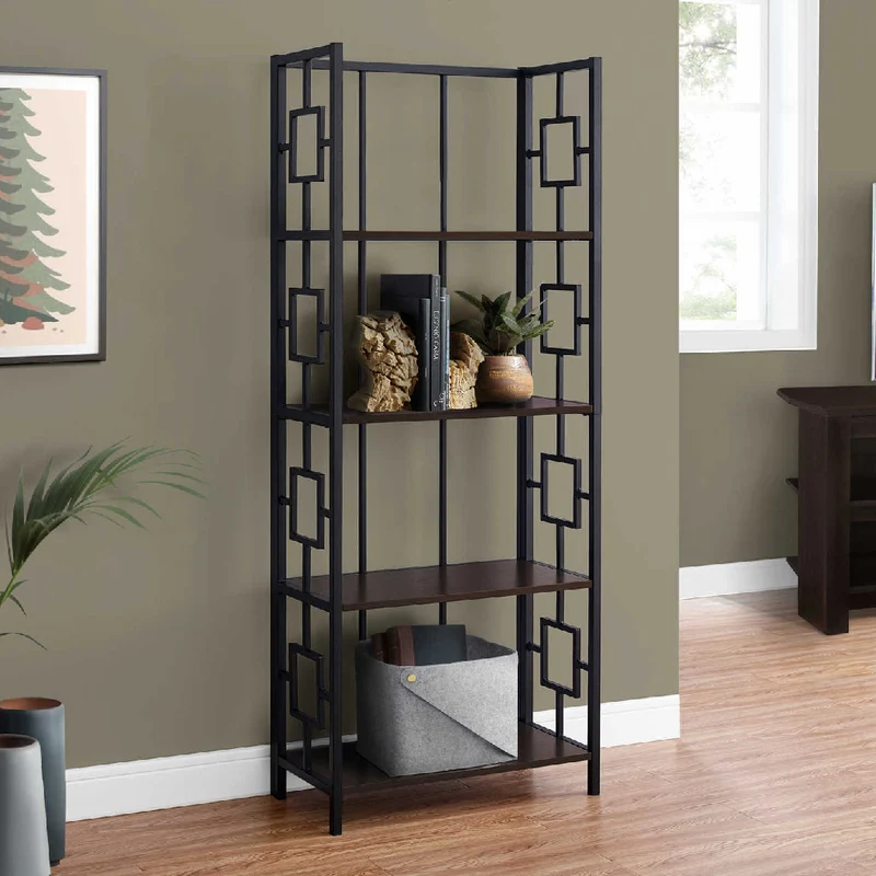 Bibliothèque en métal noir avec 4 tablettes en MDF/stratifié espresso - I 3617