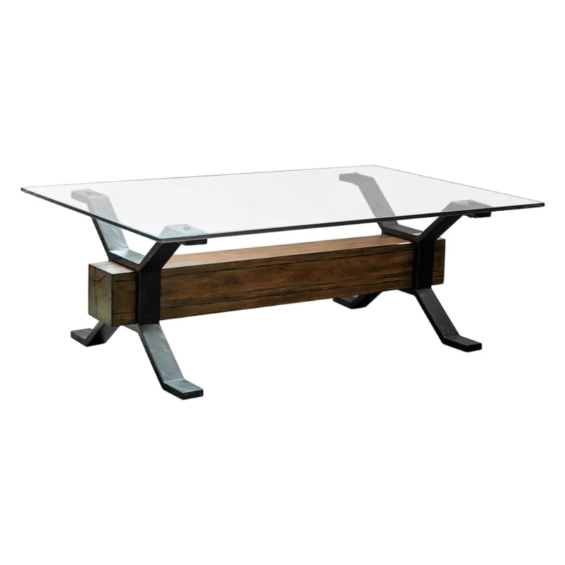 Table basse en verre trempé, en bois et métal rustique - Sawyer