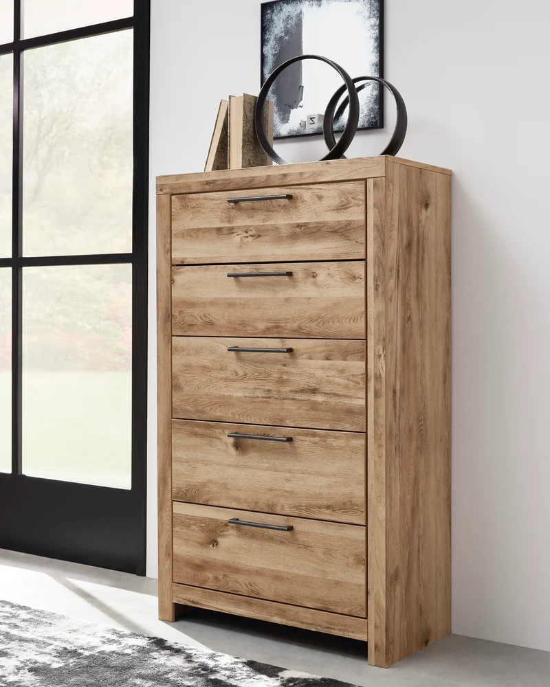 Commode à 5 tiroirs en bois/placage brun clair - Hyanna