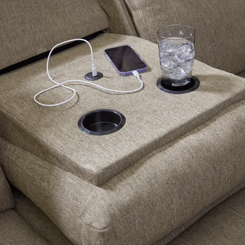 Sofa inclinable en tissu chenille taupe avec table centrale rabattable - Side-Swipe