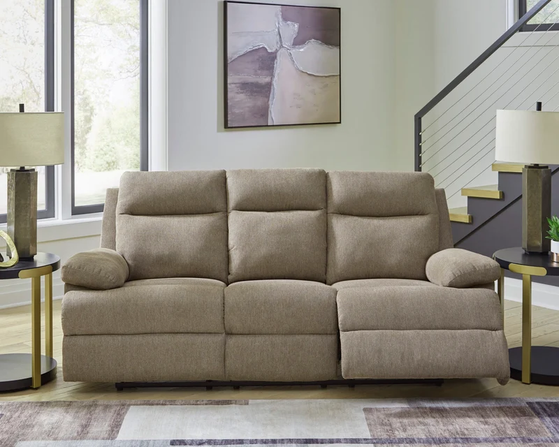 Sofa inclinable en tissu chenille taupe avec table centrale rabattable - Side-Swipe