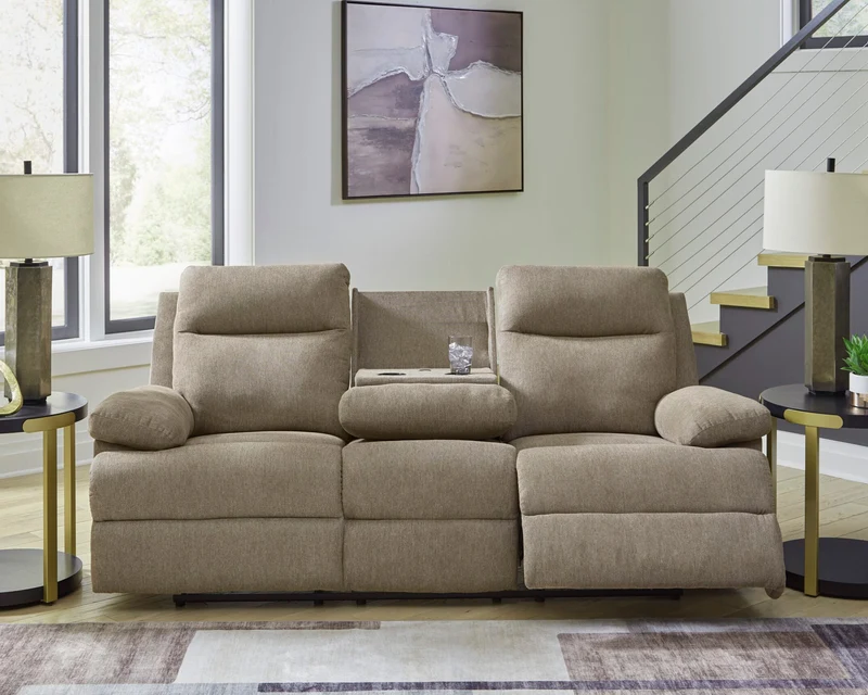 Sofa inclinable en tissu chenille taupe avec table centrale rabattable - Side-Swipe