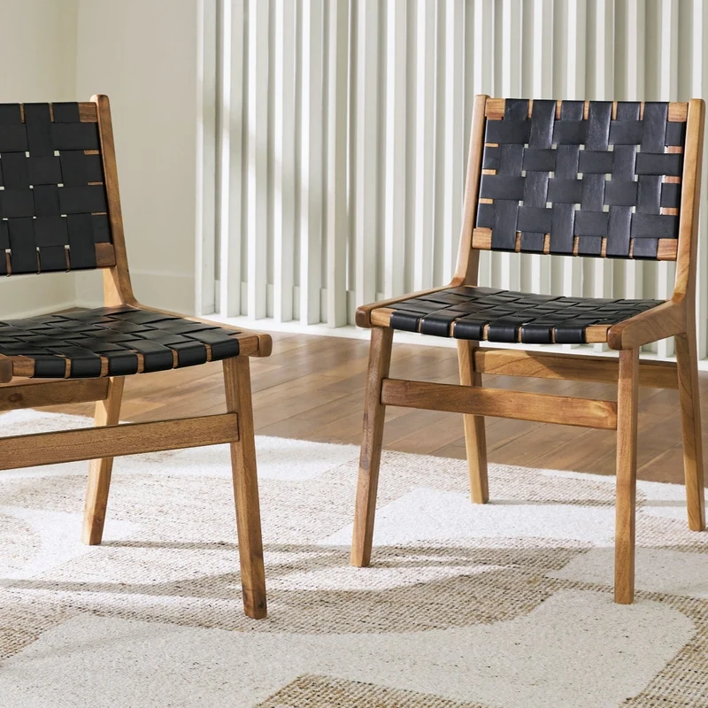 Ensemble de 2 chaises de salle à manger en bois et sangles de cuir - Fortmaine