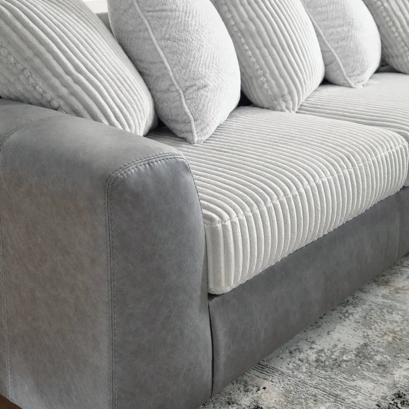 Sectionnel 2 pièces en tissu blanc/aspect cuir gris avec chaise longue et coussins - Clairette Court