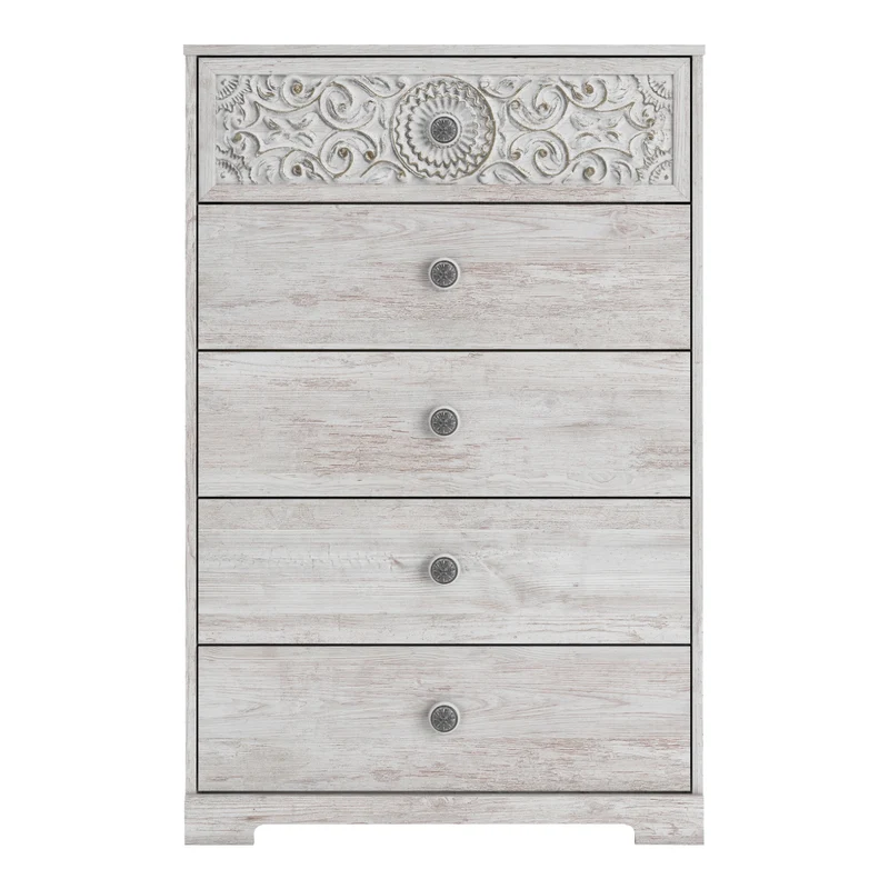 Commode à 5 tiroirs en bois/MDF blanc usé - Paxberry