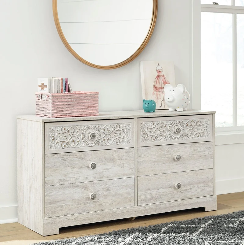Bureau à 6 tiroirs en bois/MDF blanc usé - Paxberry