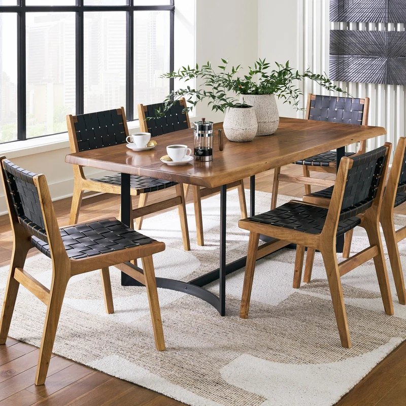 Ensemble de salle à manger avec 6 chaises en sangles de cuir noir - Fortmaine