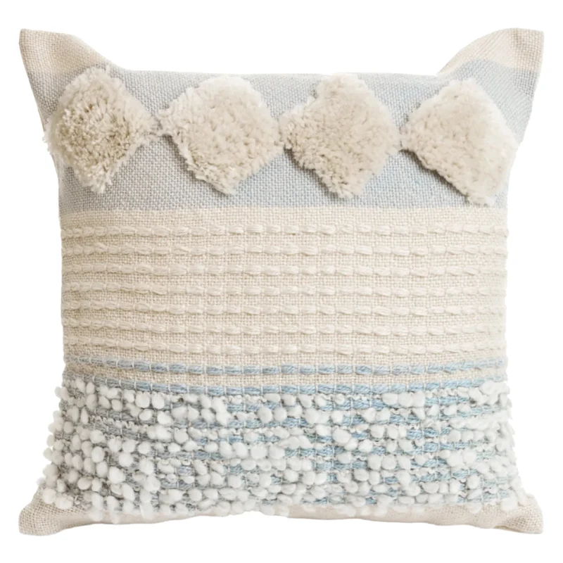 Coussin 18 x 18 po en coton tissé naturel et bleu