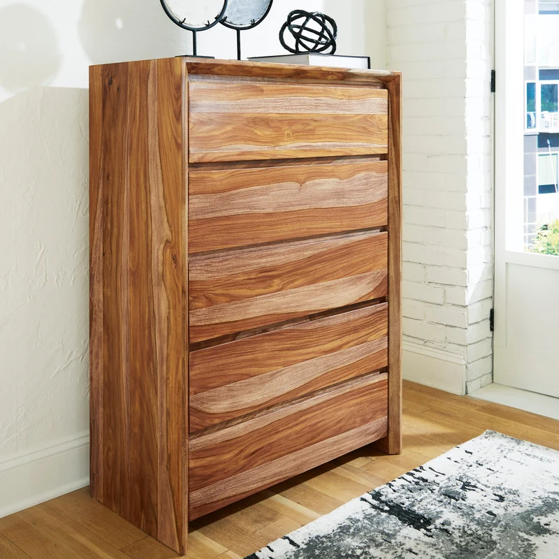 Commode à 5 tiroirs en bois/MDF brun naturel - Dressonni