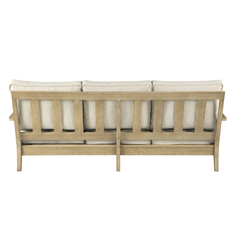 Sofa extérieur en tissu Nuvella beige pâle et en bois d'eucalyptus avec coussins - Clare view